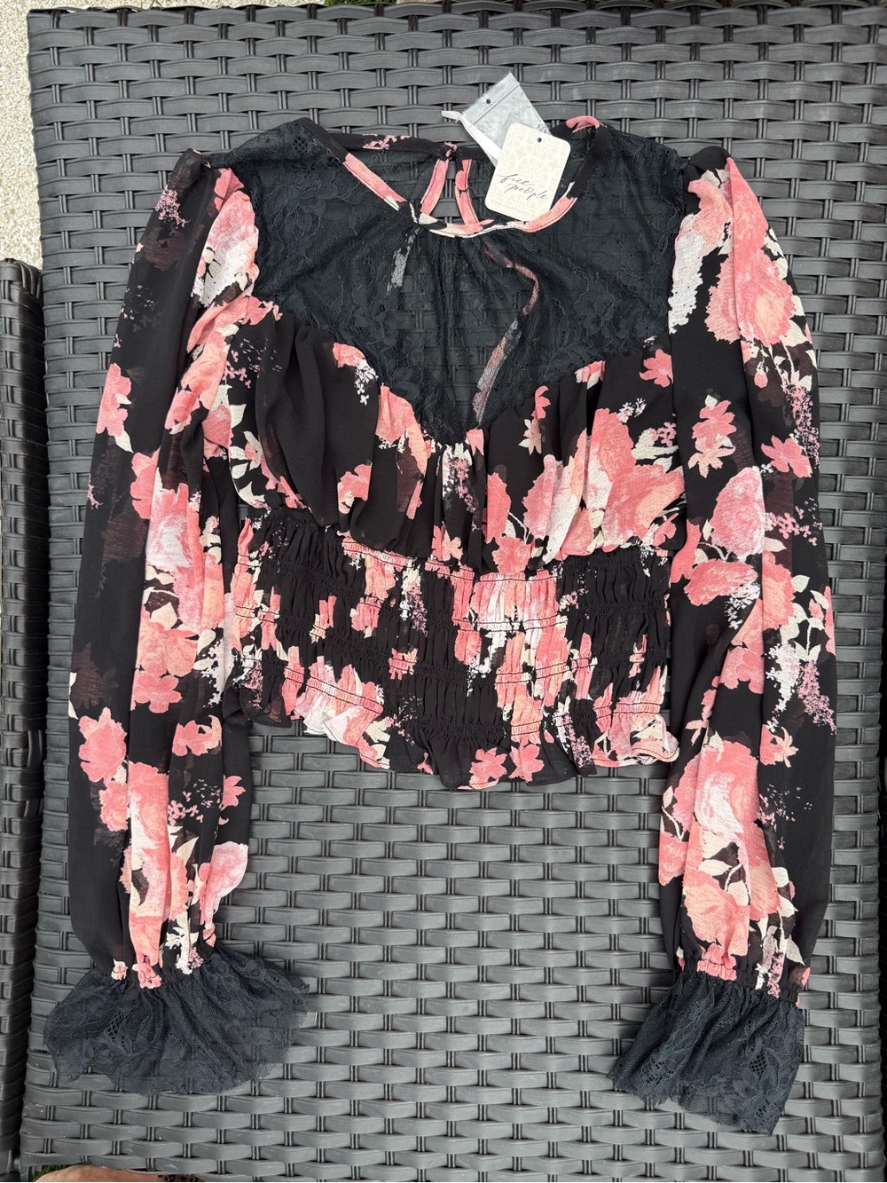 Free People NWT Black pink floral lace blouse, smocked waist, bell sleeves